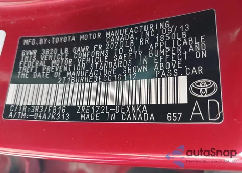 2014 Toyota Corolla Le z USA, uszkodzony, nr VIN 2T1BURHE3EC016112